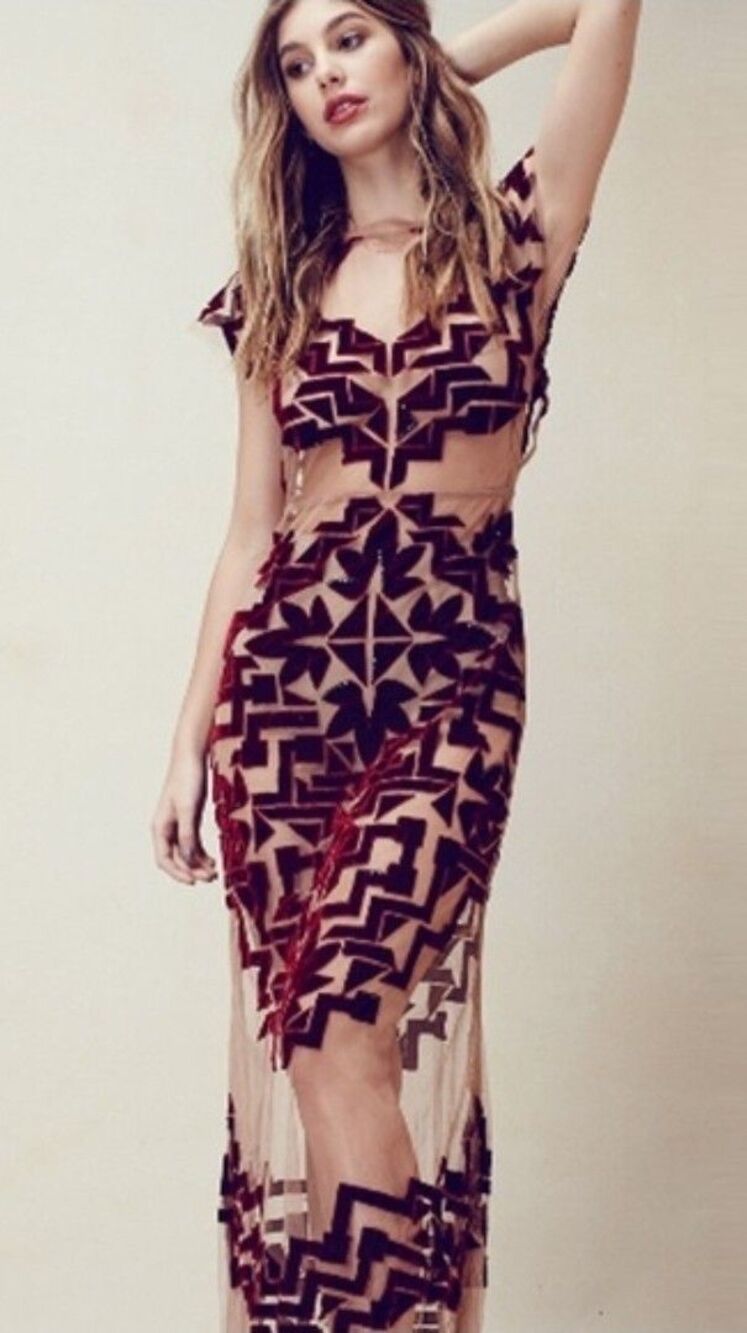 For Love & Lemons Vienna Maxi Dress SMALL Velvet Sheer Mesh Net Blue Open Back *
